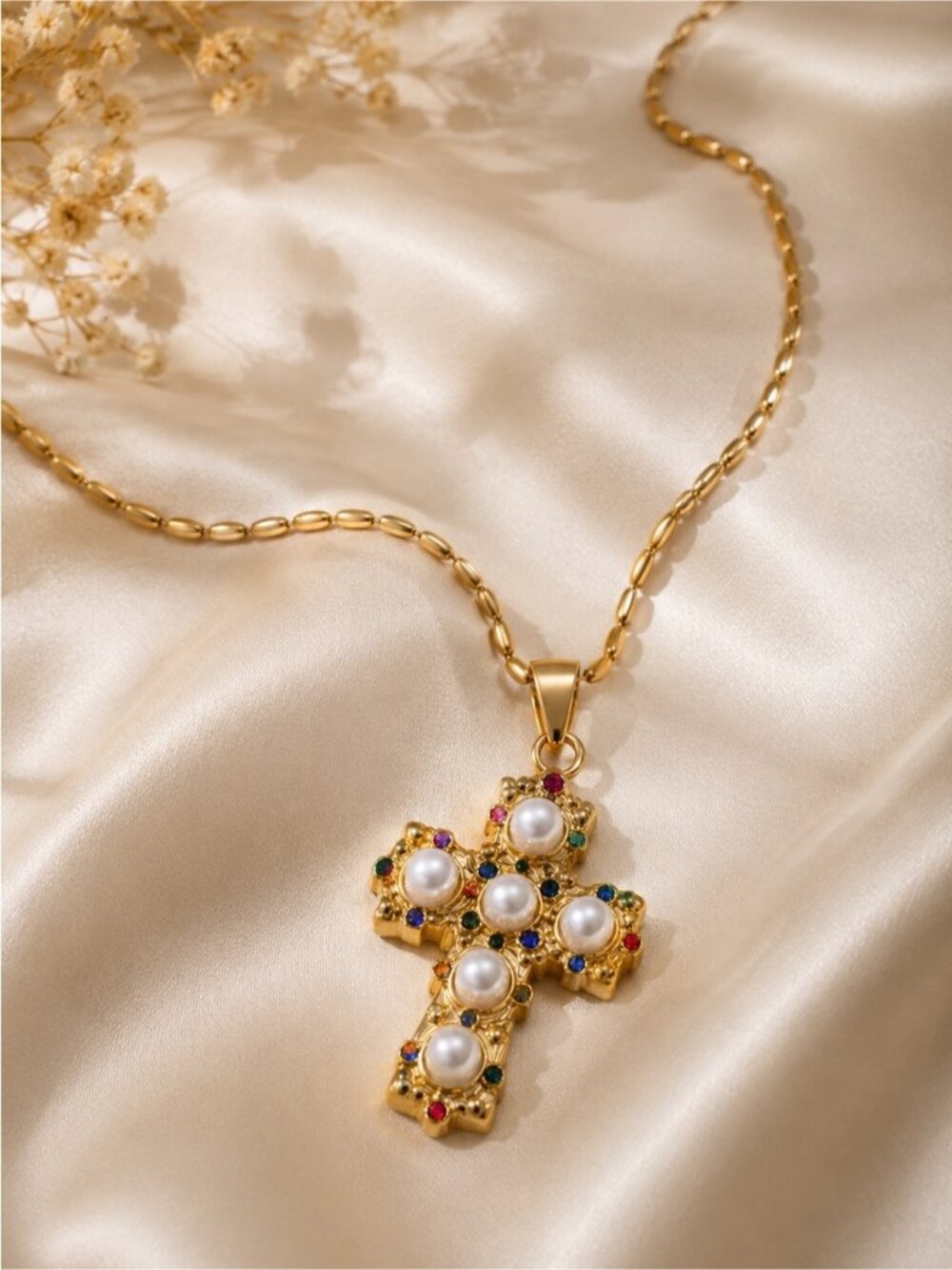 Vintage Gold tone Cross Pendant Necklace with Pearls & Multicolored Gems